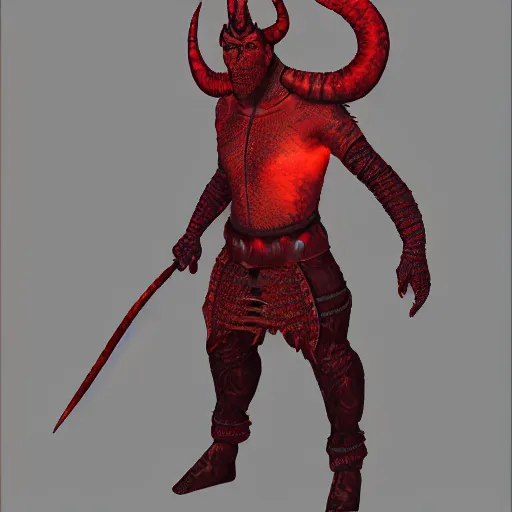 Image similar to dnd render of a male tiefling, red scales, a big black beard, completely golden eyes, 1 curved horn growing out of his forehead, one broken horn growing out of his forehead,