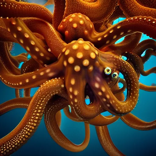 Image similar to hyperrealism simulation of parallel universe octopuses floating in deep space in surreal scene from art house movie from future by caravaggio rendered in mandelbulb 4 d and blender and octane render