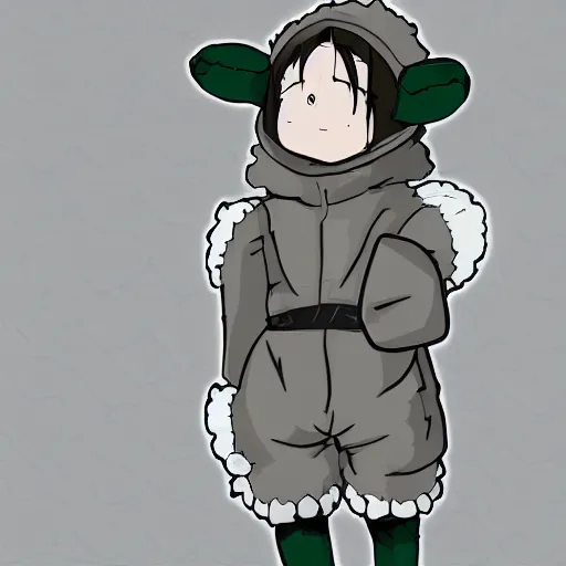 Prompt: boy wearing sheep suit. white, gray, blue, green and brown pallet color. made in abyss art style, inspired in chris from deltarrune, high details