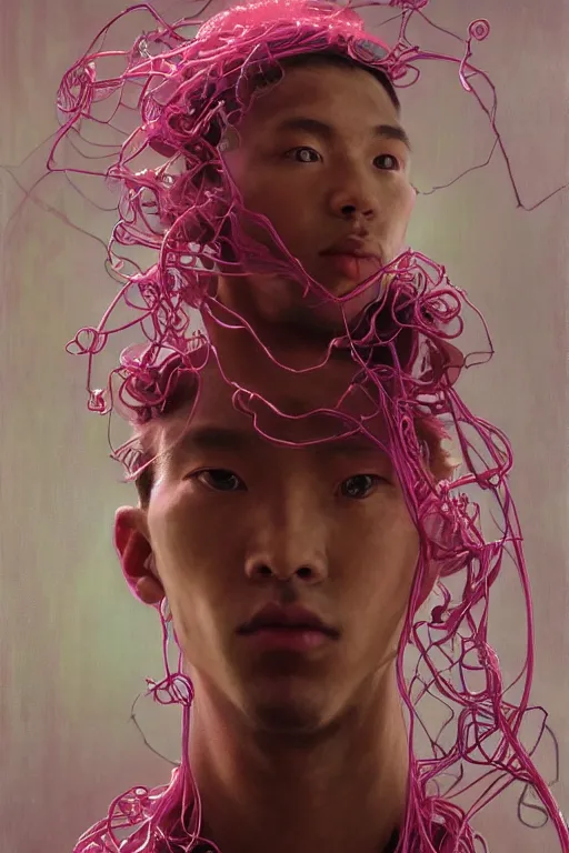 Image similar to hyperrealist portrait of elijah zu bailey, pink, it is decorated with long wires that fall like vines and wears small computers over their body. by jeremy mann and alphonse mucha, fantasy art, photo realistic, dynamic lighting, artstation, poster, volumetric lighting, very detailed faces, 4 k, award winning