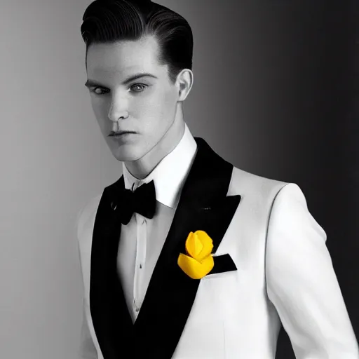 Image similar to full body portrait of a young handsome melancholic male model with slicked back red hair, a symmetrical clean - shaven face and white eyes, wearing a white tuxedo jacket with a yellow popper flower in its lapel, symmetry, reflection, mirrors, myth of narcissus, perfectly symmetrical composition, rule of thirds