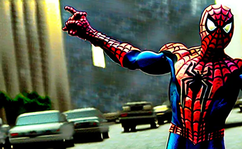 Image similar to James Franco in 'Spider-Man (2004)' final battle, movie still frame.