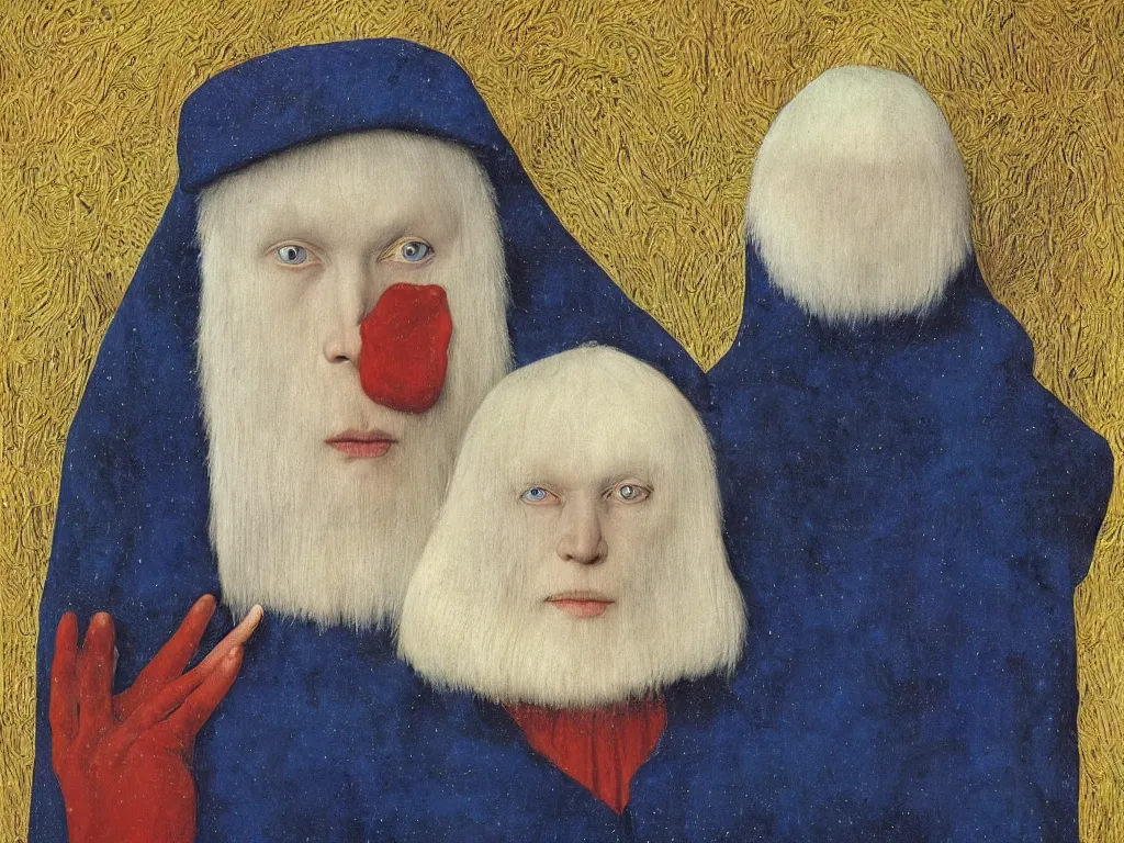 Image similar to Portrait of albino mystic with blue eyes, with snow. Painting by Jan van Eyck, Audubon, Rene Magritte, Agnes Pelton, Max Ernst, Walton Ford