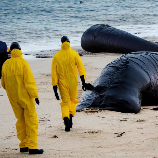 Prompt: Professional Photography, long shot, People in yellow chemical hazmat suits are investigating a huge creepy black creature washed up on the beach.