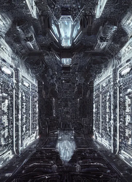 Image similar to symmetry concept art by craig mullins alien in futuristic dark and empty spaceship. infrared glowing lights. complex and hyperdetailed technical suit. mandelbulb fractal. reflection and dispersion materials. rays and dispersion of light. volumetric light. 5 0 mm, f / 3 2. noise film photo. flash photography. unreal engine 4, octane render. interstellar movie art