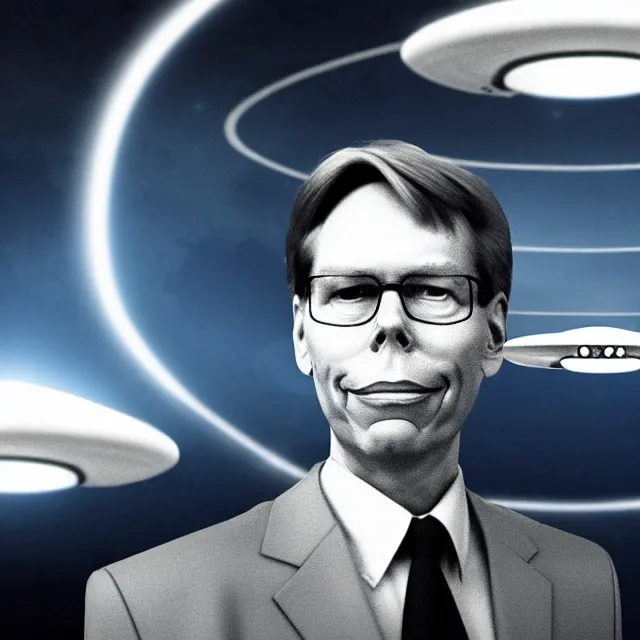 Prompt: a photo of bob lazar with a hangar full of flying saucers at area 5 1, photorealistic, high detail