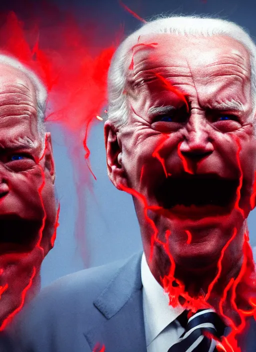 Image similar to hyper realistic ultra realistic wrath horrifying photo furious glowing red eyes biden, high quality photo, detailed , 8k