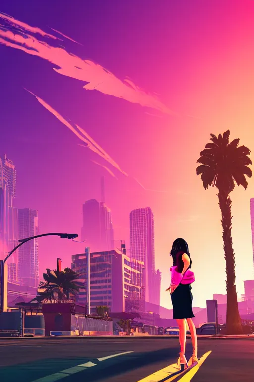 Prompt: a stunning GTA V loading screen with a beautiful woman with ombre hairstyle in purple and pink blowing in the wind in the city at sunset, outrun, vaporware, neon lights, sky scrapers, palm trees, retro, beautiful sky with cumulus couds, digital art, trending on artstation