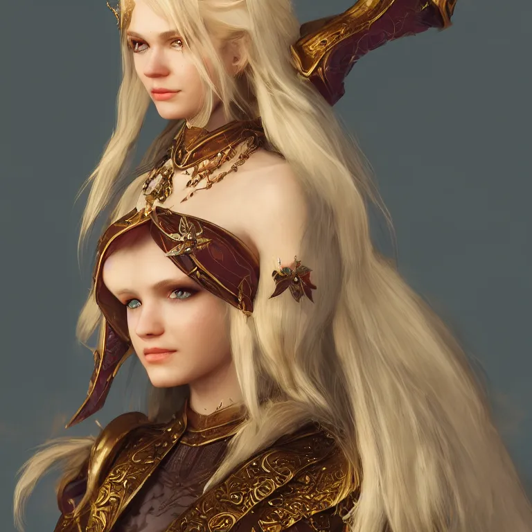 Prompt: a d & d character portrait of a beautiful noble elf princess with blonde hair, regal jewellry by bowater, charlie, trending on artstation, 4 k, cgsociety octane render