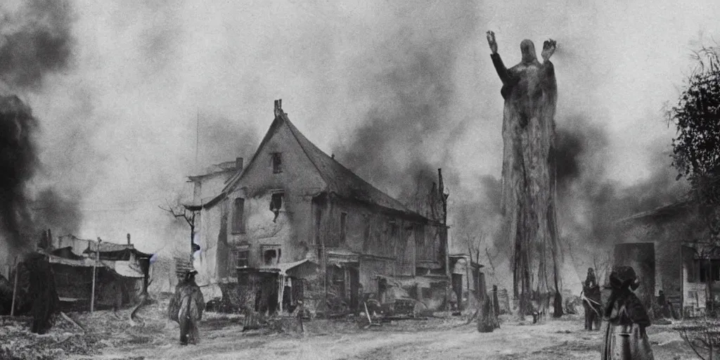 Prompt: scary unproportionable tall ghost creature in the middle of a village on fire, 1900s picture