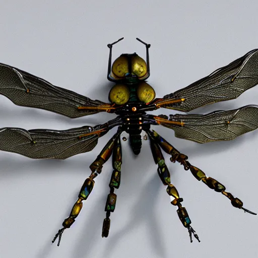 Prompt: a realistic robotic Dragonfly , industrial made of resin and fossils, UHD,