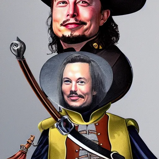 Prompt: elon musk as a musketeer, he has a big hat and holds a shiny sword