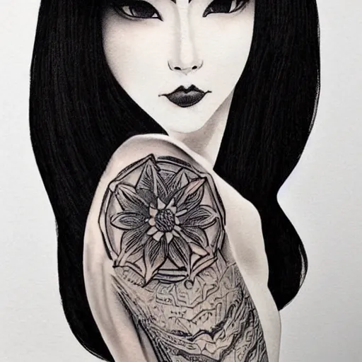 Image similar to tattoo design, stencil, beautiful young female, long dark hair, symmetrical facial features, Japanese, partially clothed in robe, by William-Adolphe Bouguerea and artgerm