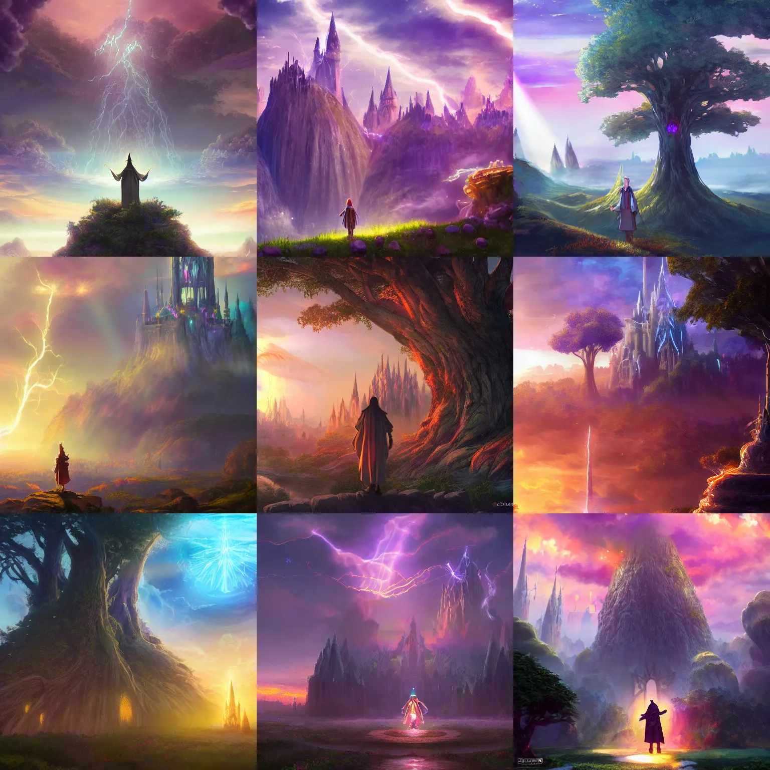 Prompt: a magical wizard in front of a big and mystical of a big and structured fantasy kingdom city, god rays, giant tree, bloom, cinematic lightning, twilight, sunset, fantasy, portfolio illustration, HQ, portal to outer space digital art 8k, trending on artstation, anime, unreal engine