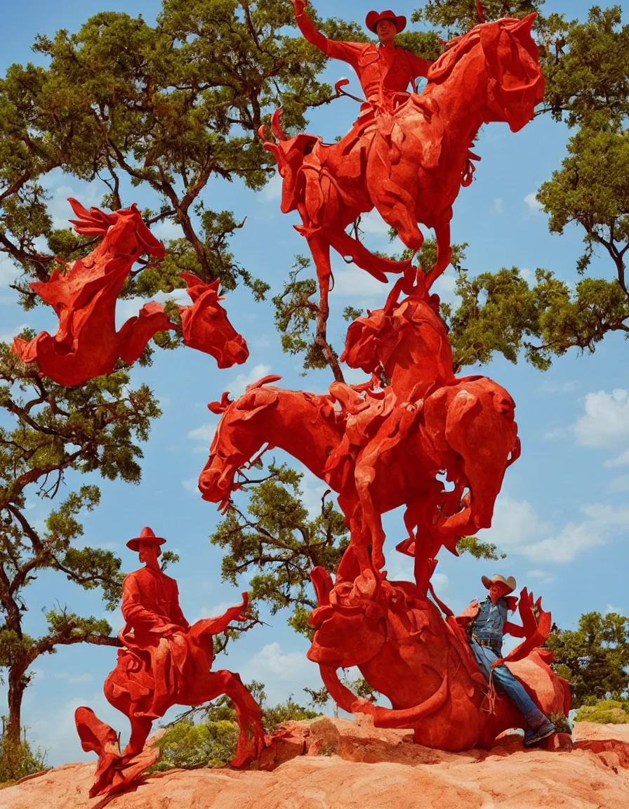 Image similar to a cowboy turning into blooms by slim aarons, by zhang kechun, by lynda benglis. tropical sea slugs, angular sharp tractor tires. complementary colors. warm soft volumetric light. national geographic. 8 k, rendered in octane, smooth gradients. manly cowboy riding a horse sculpture by antonio canova. red accents.