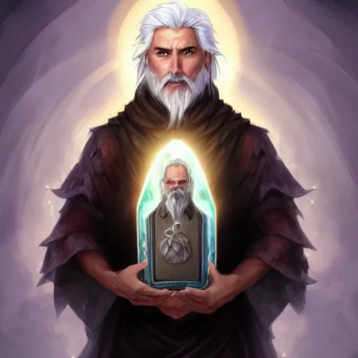 Image similar to a man with white hair and beard, wearing nomadic clothing holding a soul jar portrait, backlight, rim lighting, deep focus, d & d, fantasy, intricate, elegant, highly detailed, digital painting, artstation, concept art, matte, centered, sharp focus, illustration, hearthstone, art by artgerm, greg rutkowski and alphonse mucha