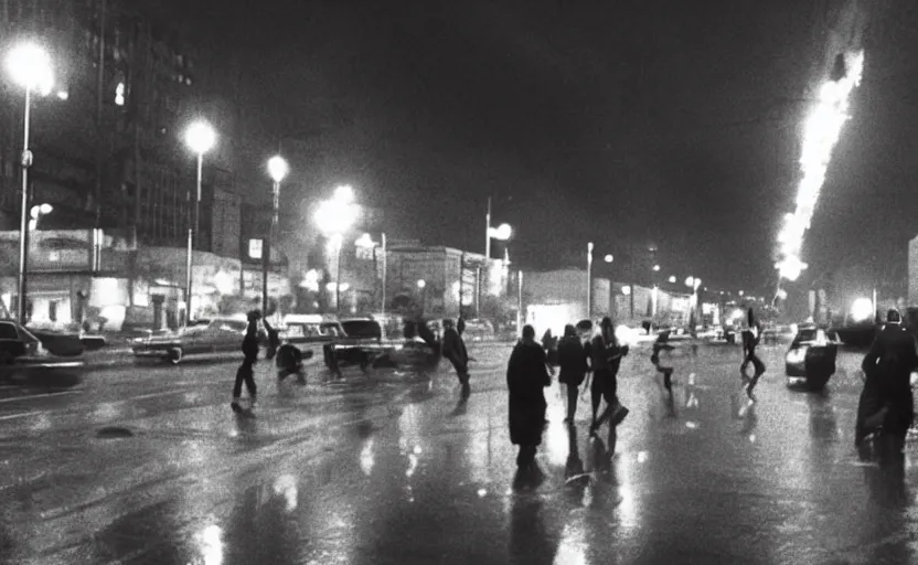 Prompt: 70s movie still of a soviet street with pedestrians with soviet high rise in the backround , Cinestill 800t 18mm beuatiful black and white, heavy grainy picture, very detailed, high quality, 4k panoramic, dramatic lightning, neon billboards and streetlight at night, rain, mud, foggy