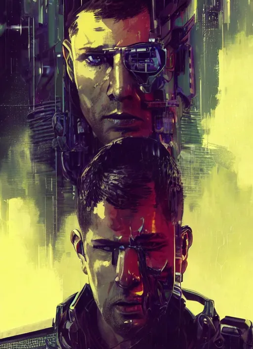 Prompt: cyberpunk military ( blade runner 2 0 4 9, dystopian, cyberpunk 2 0 7 7 character design ), advanced warfare, attractive face. portrait by james gurney and laurie greasley and yoji shinkawa, oil on canvas. cinematic composition, hyper realism, realistic proportions, anatomy, dramatic lighting, photorealistic, high detail, 4 k