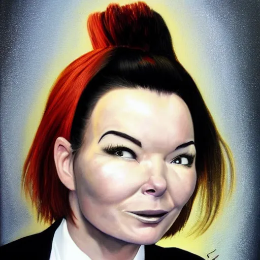 Prompt: a hyper-realistic painting of Bjork wearing a man's black suit and a tie, impatient facial expression, mouth slightly open