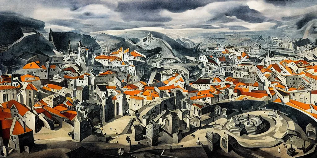 Prompt: futuristic city of Amarante, painting by Dali