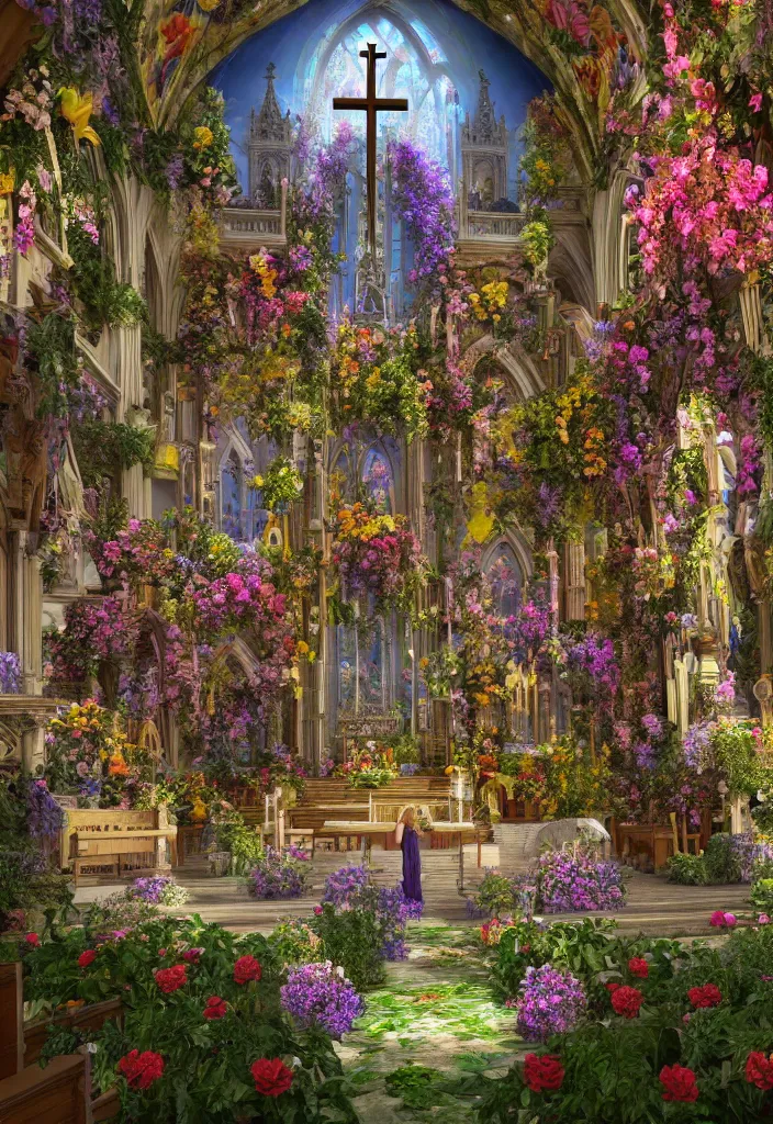 Image similar to a church filled with lots of plants and flowers, a detailed matte painting by david lachapelle, unsplash contest winner, maximalism, sanctuary, made of flowers, ornate, rendered in unreal engine