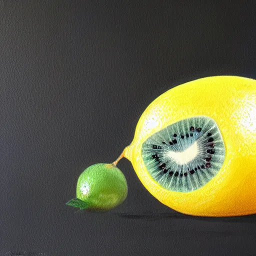 Image similar to a painting of a kiwi disguised as a lemon, trending on artstation, full hd, award winning, beautiful illustration, 4k