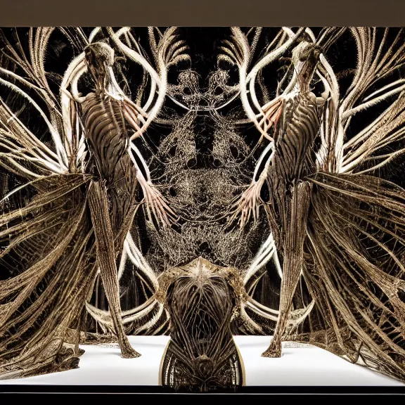 Prompt: symmetric frame from Prometheus, biomechanical gaia, by Neri Oxman and alexander mcqueen metal couture editorial, in mycelium hanging garden by giger by utagawa kuniyoshi