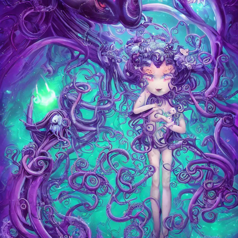 Image similar to A dark fairy from the Abyss. Lit from above. Thick Atmosphere. Sailor Moon. Tentacles. Cute. Kawaii. Chibi. Neon Accents. Bioluminescence. By Lisa Frank and HR Giger. Key Art. Fantasy Illustration. award winning, Artstation, intricate details, realistic, Hyperdetailed, 8k resolution.