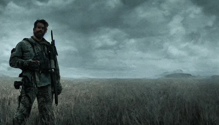 Prompt: movie screenshot. lone survivor man holding walkie - talkie in post - apocalyptic nature landscape, movie poster, shallow depth of field, cinematic. cinematic composition
