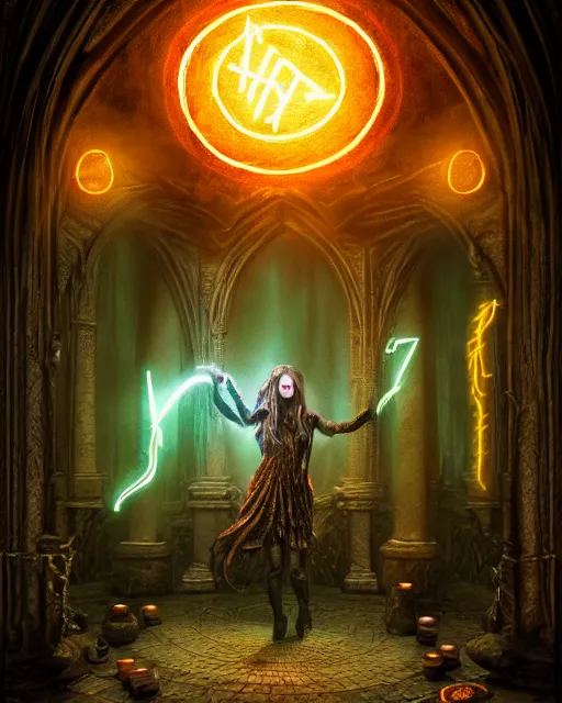 Prompt: photorealistic matte painting portrait of beautiful symmetrical well proportioned mage casting spells, surrounded with glowing runes in the middle of dark room, vibrant colors, gothic, lovecraftian horror, high production value, intricate details, high resolution, hdr, high definition, masterpiece, realistic, ultrarealistic, highly detailed, hd, sharp focus, non blurry, sharp, smooth
