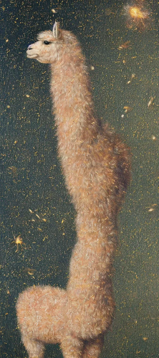 Image similar to detailed renaissance oil painting of an alpaca standing on a building standing in the forest of pastel feathers lit by small fireflies at night