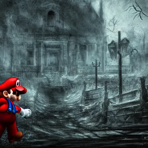 Prompt: concept art of mario in a ruined kingdom, resident evil, horror, occult, terror, mist, volumetric render, digital painting, detailed painting