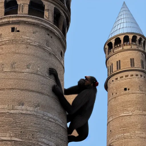 Prompt: 3 d rendering of a monkey climbing on galata tower, in the style of untitledarmy, sharp focus, subsurface scattering