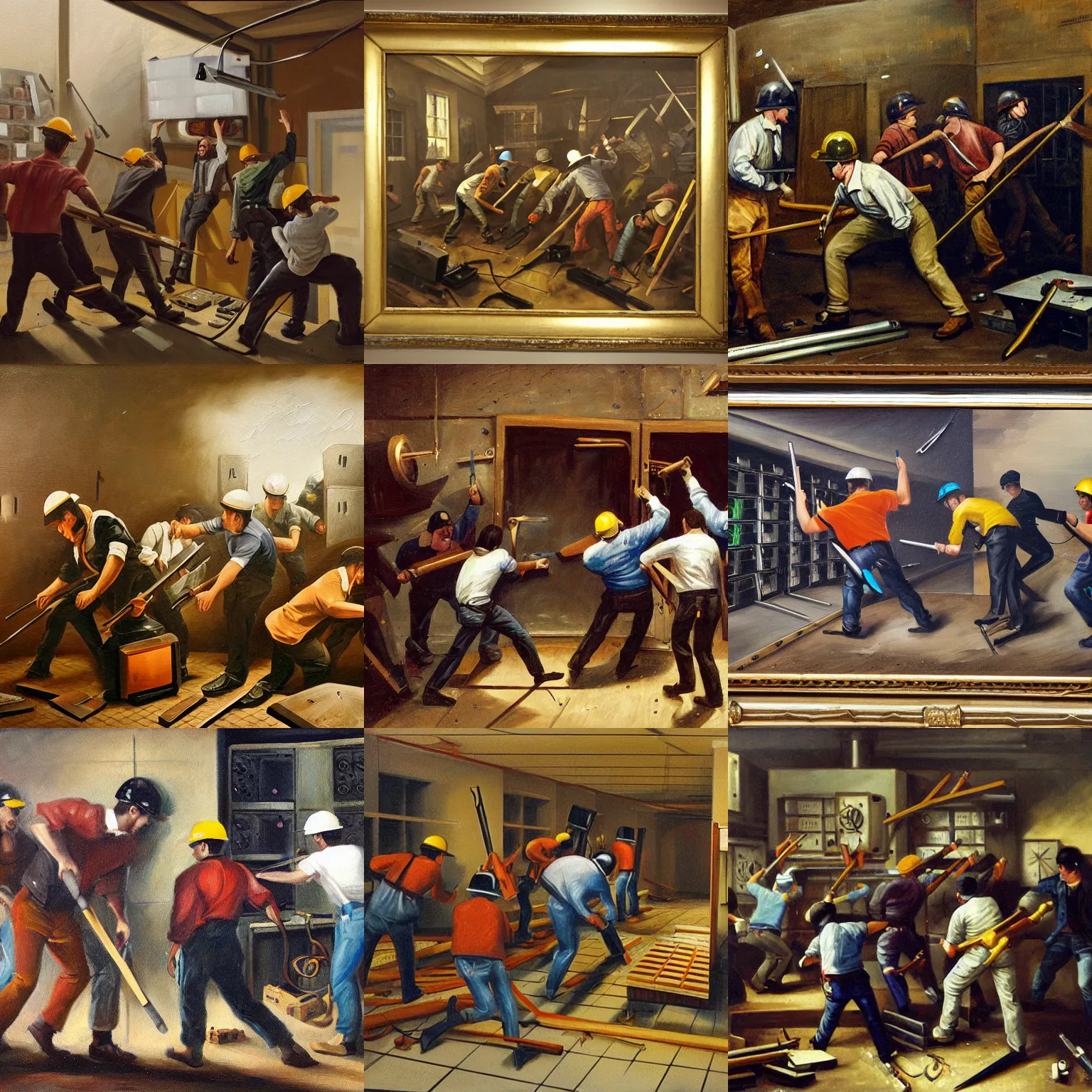 Prompt: oil painting of neo - luddites assaulting, taking down the server room with tools