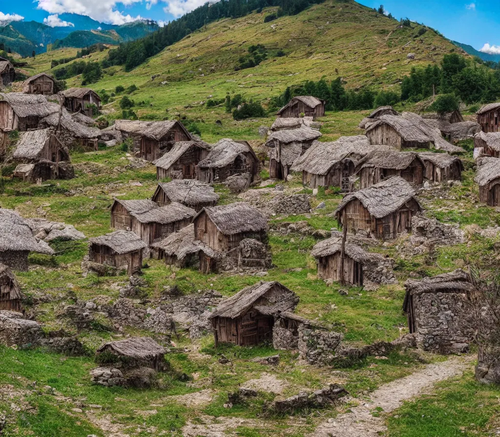 Prompt: Idyllic Svanetian village in Georgia, ultra wide angle photo, 4k