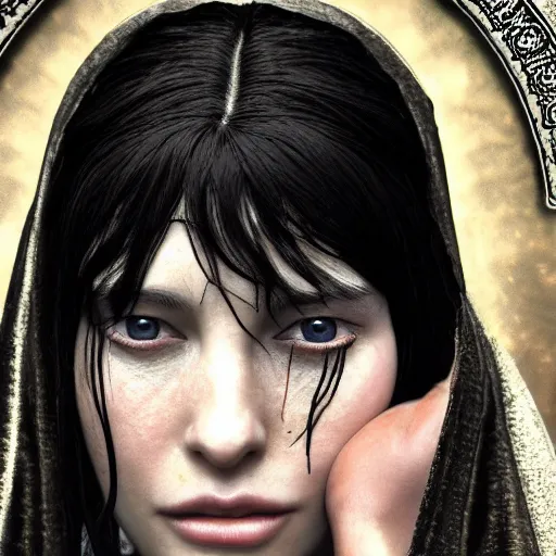 Image similar to Masterpiece! portrait of Arwen, an aesthetic beautiful! realistic black haired priestess, face close up, 30 years old woman, looks like young Liv Tyler, lotr , praying, with tears, soft cinematic light, by WLOP, 8K, octane render, artstation, deviantart, closer view, monochrome, lomography