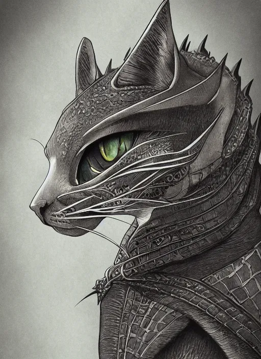 Prompt: cat dragon hybird portrait victorian era by miyazaki hayao symmetrical concept art, super - resolution, ultra - hd, 1 0 8 0 p,