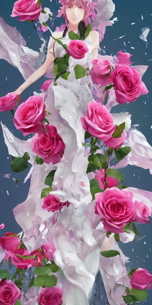 Image similar to magic invisible blade slicing through a bouquet of white and pink roses, flowers exploding and spraying, big puffy clouds, sharp rain, large rose petals, lotus petals, large polygonal background elements, large polygons, dramatic anime, dramatic lighting, artgerm, manga, trending on artstation, art nouveau, mature colors