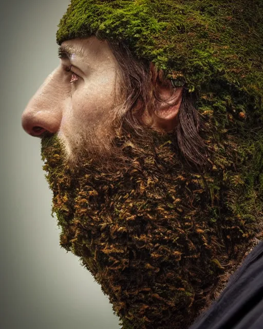 Image similar to a man's face in profile, long beard made of moss, in the style of the dutch masters and gregory crewdson, dark and moody