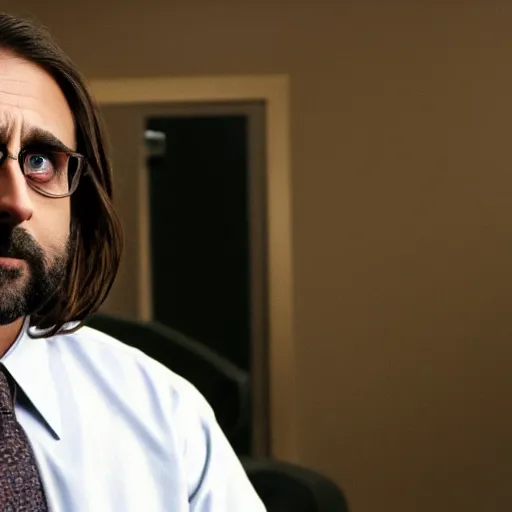 Prompt: Steve Carell as Jesus, The Office Scene, Cubicles, Photorealistic, Professional Photography, Sad