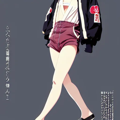 Image similar to a beautiful japanese natalie portman gravure model, wearing oversized native designer bomber jacket and leotard with overalls, bulky poofy bomber jacket with mesoamerican patterns, mesoamerican native street fashion, gapmoe yandere grimdark, trending on pixiv fanbox, painted by greg rutkowski makoto shinkai takashi takeuchi studio ghibli, akihiko yoshida