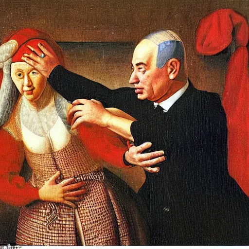 Prompt: painting of Benjamin Netanyahu shielding himself with his arms as Sara Netanyahu is throwing peanuts at him in a crouched position, by Jan Van Eyck