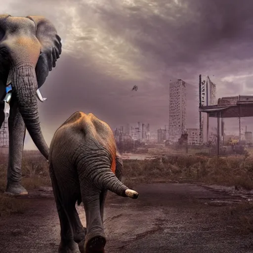 Image similar to elephant in a post apocalyptic city where the sky is green