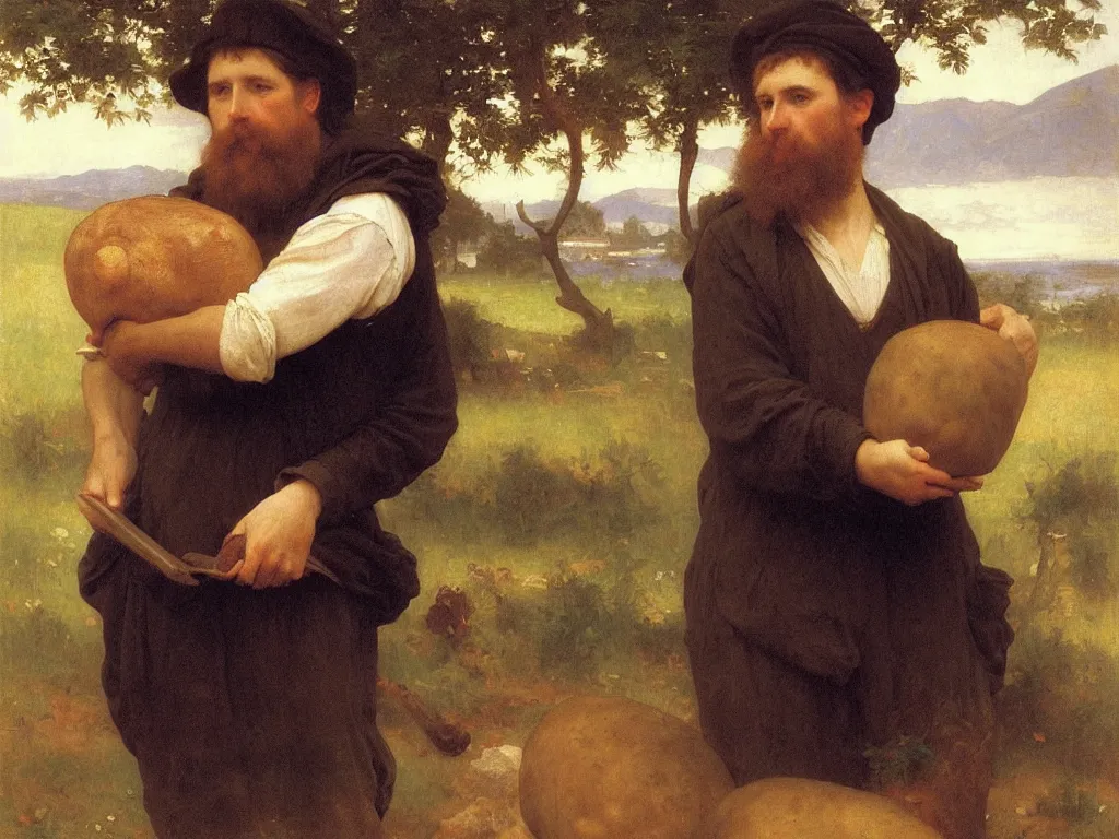 Prompt: irish man holding a big potato, bouguereau