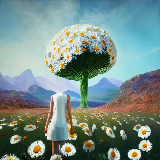 Prompt: giant daisy flower head, woman in white suit, standing next to modern window in luxury loft, surreal photography, sunlight, impressionist painting, digital painting, artstation, simon stalenhag