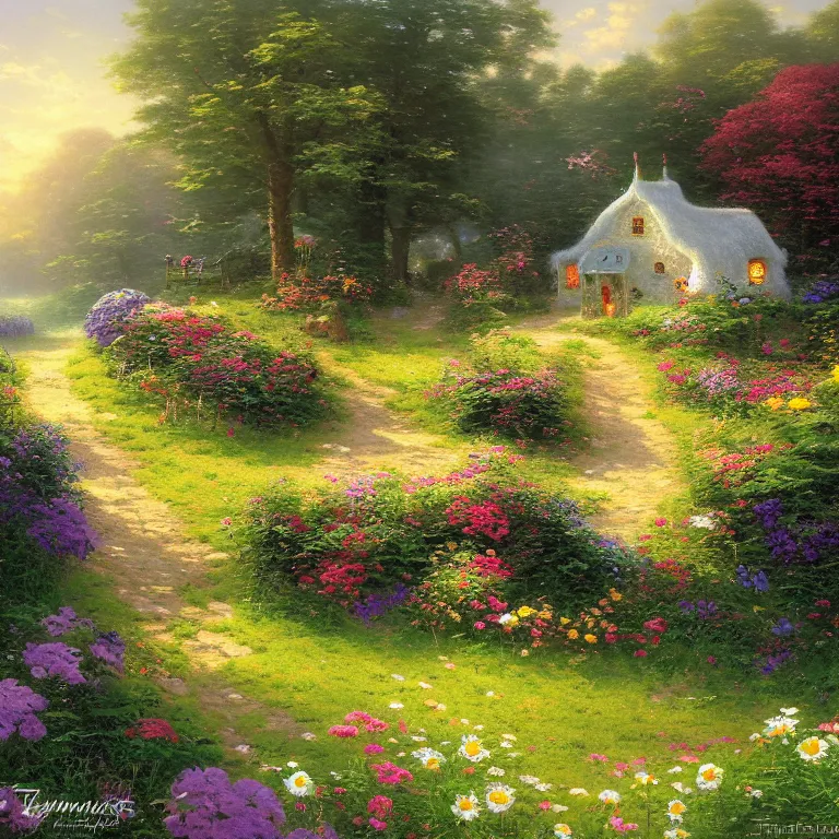 Prompt: a whimsical cottage in a field of daisies by Thomas Kinkade and Justin Gerard, evening light