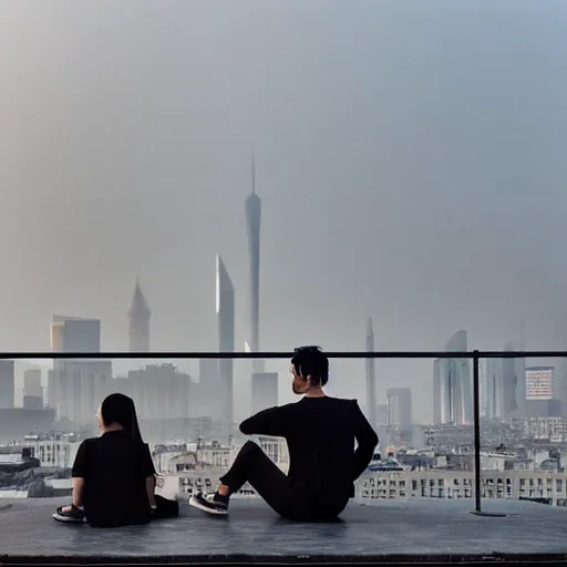 Image similar to a small rooftop with a couple of people sitting and watching the view, wearing black modern clothes, designed by rick owens, messy short hair, modern shanghai bund in smog is on the background, sunset, pale colors, by gregory crewdson