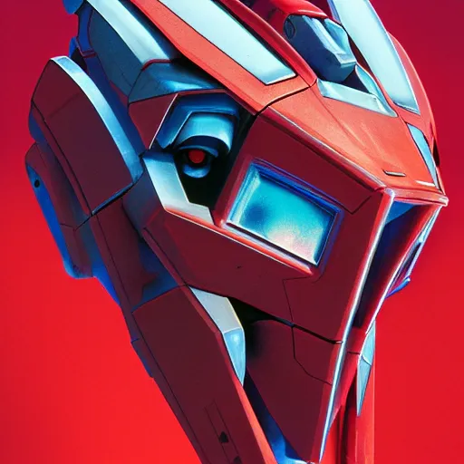 Image similar to red colored, gundam head, v - fin, octane render, soft light, mekka, behance, vector, highly detailed illustration, realistic, artstation. com, by kunio okawara, yoshikazu yasuhiko, syd mead, mamoru nagano,