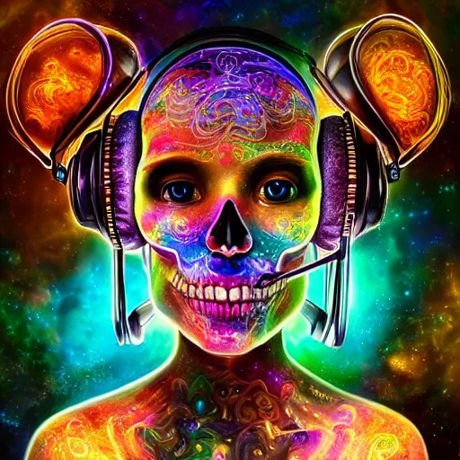 Image similar to portrait of a fantasycore glitchcore deformed skull wearing headphones. intricate abstract. intricate artwork. celestial. prismatic, by josephine wall, pixar, ghibli. octane render, CGSociety very coherent symmetrical artwork. cinematic, hyper realism, high detail, octane render, 8k, holographic accents