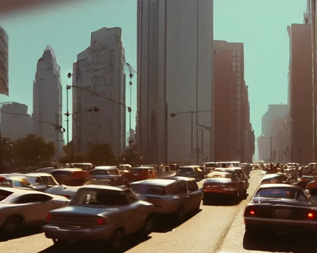 Image similar to a group of cars driving down a street next to tall buildings, a matte painting by andrey yefimovich martynov, pixiv, superflat, streetscape, anamorphic lens flare, photo taken with ektachrome